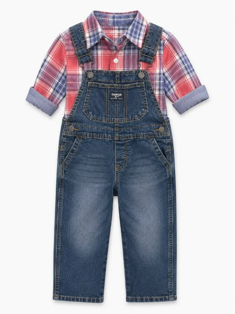 NWT OshKosh B’gosh Toddler Boy 2-Piece Overall Set Size 24M Plaid Shirt & Denim